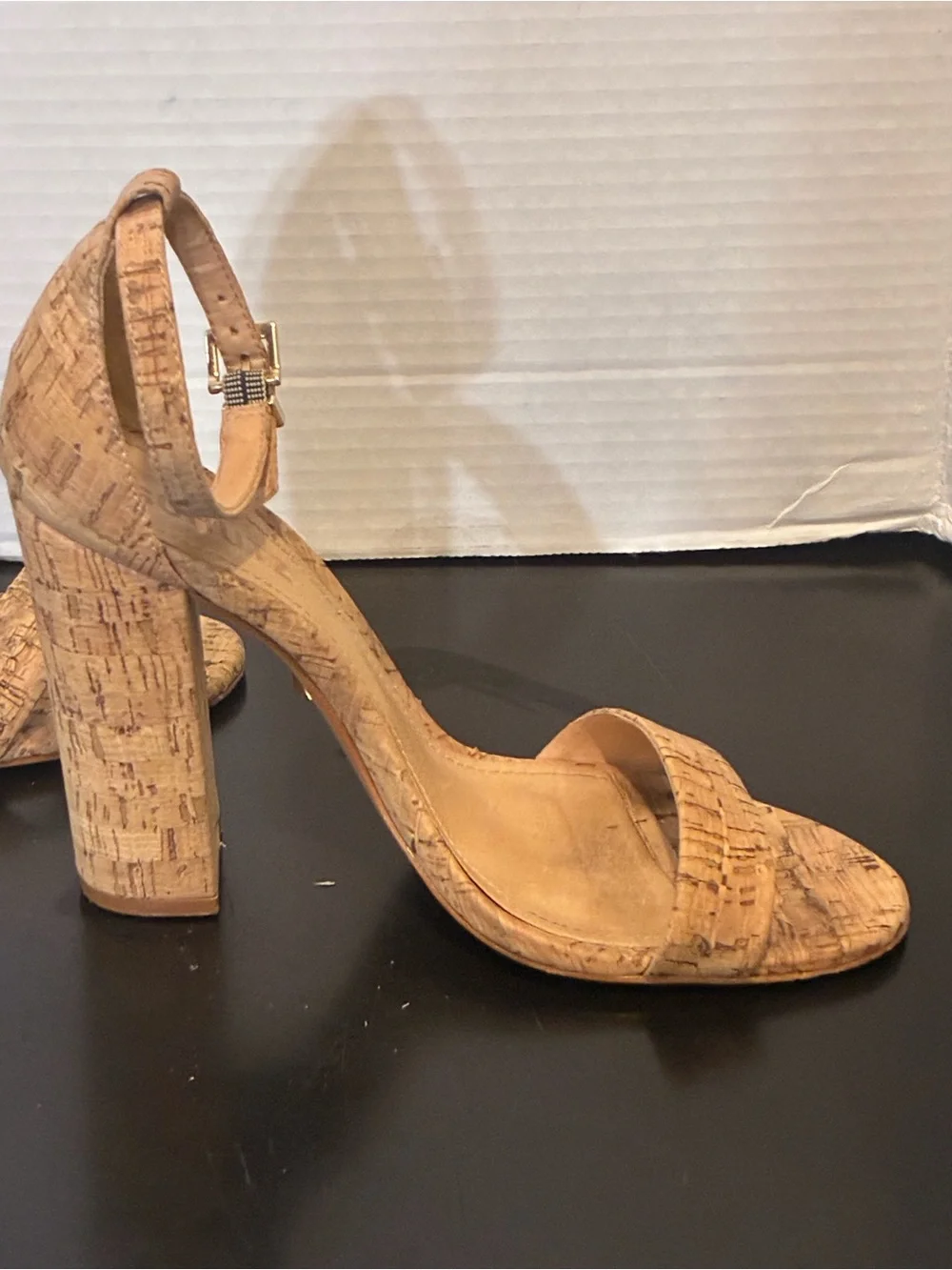 SCHUTZ Natural Cork Ankle-Strap Block Heel Sandals 7.5